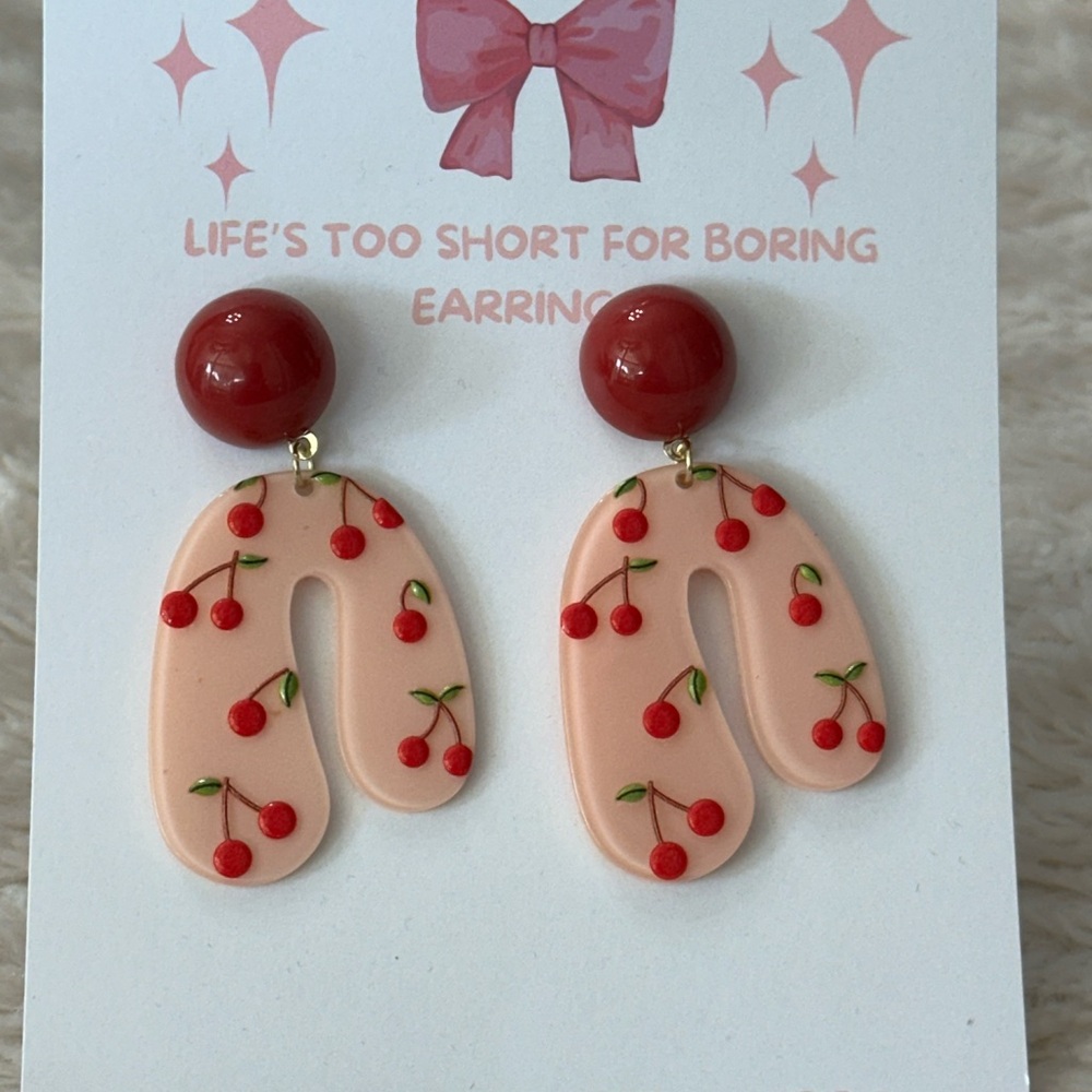 Cherry Earrings acrylic dangle studs - Picture 3 of 5